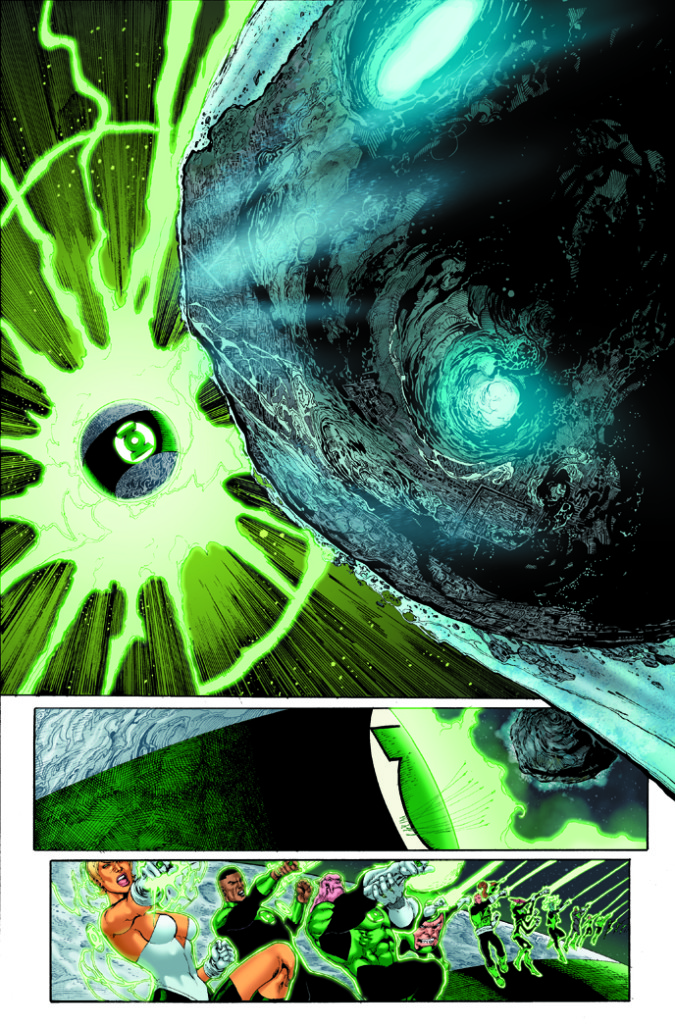 An interior colored page for GREEN LANTERN CORPS: EDGE OF OBLIVION Issue #1 penciled and inked by Van Sciver, colored by Jason Wright.